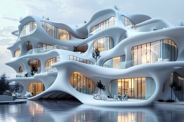 A futuristic building with a lot of windows and a lot of windows on the side of it that are curved - obrazy, fototapety, plakaty