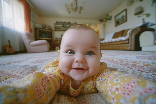 A baby taking selfie with happy face