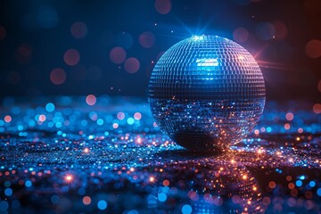 This vibrant image captures a glittery disco ball reflecting blue bokeh lights creating a festive,...