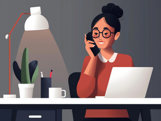 Illustration of a woman at her desk talking on the phone, with a laptop, plant, and lamp.