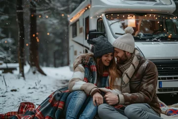 Poster A man and woman sit on a blanket in front of a camper. Motorhome, picnic in the winter snowy forest © Sergio