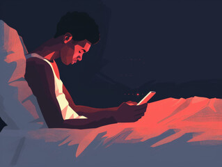 Illustration of a man using a smartphone in a dark room with a soft light on his face.