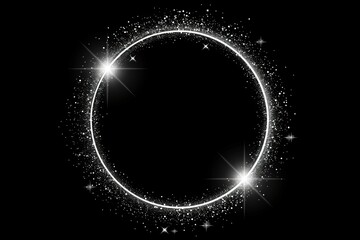 Silver glitter circle of light shine sparkles and grey spark particles in circle frame on black background. Christmas magic stars glow, firework confetti of glittery ring shimmer