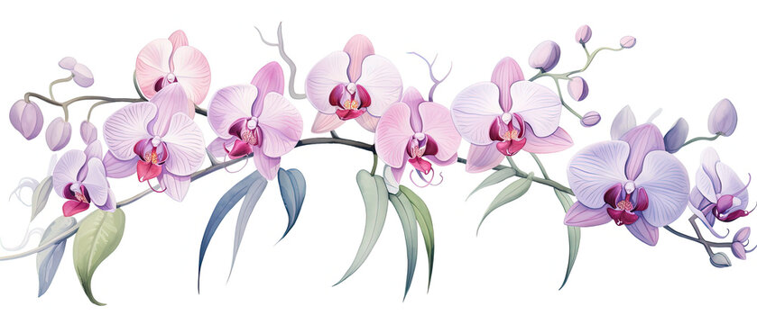 a painting of a branch of orchids with leaves