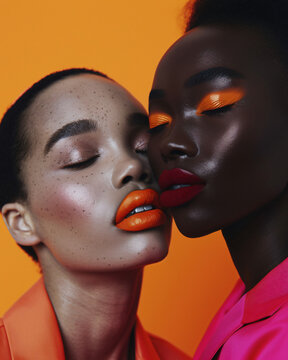 Close-up of a glamorous female model with artistic makeup. Attractive woman with bold makeup on orange background.