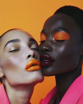 Close-up of a glamorous female model with artistic makeup. Attractive woman with bold makeup on orange background.