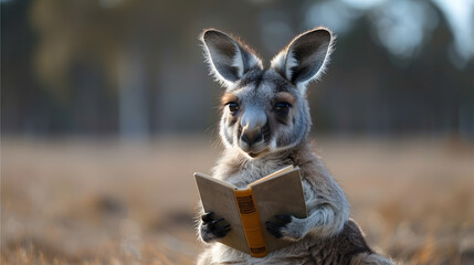 Cute Baby Kangaroo Sitting and Reading Book - obrazy, fototapety, plakaty