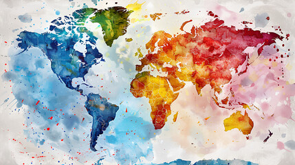 Watercolor World Map, Splattered Paint Design, Global Art Concept