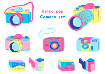Various retro-pop cameras, single-lens reflex cameras, disposable cameras, and digital cameras, hand drawn simple illustration set / レトロポップないろいろなカメラ、一眼レフ、使い捨てカメラ、デジカメ、手描きのカラフルなイラストセット - obrazy, fototapety, plakaty