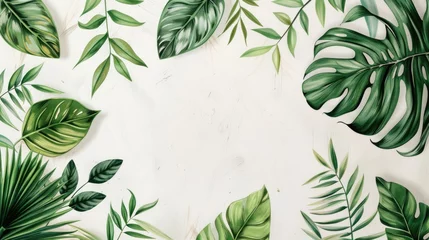 Foto op Plexiglas Hand drawn green exotic leaves border frame background with place for text. Ecology, healthy environment, nature, decoration, beauty product concept design backdrop © eireenz