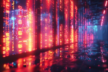 Vibrant red and blue digital data streams flowing beautifully in a futuristic server room concept