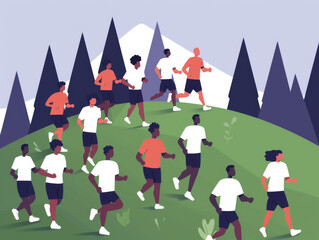 Illustration of a diverse group of people running in a mountainous area - obrazy, fototapety, plakaty