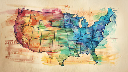 Artistic USA Map in Watercolor, Abstract States Illustration, Creative Geographic Art