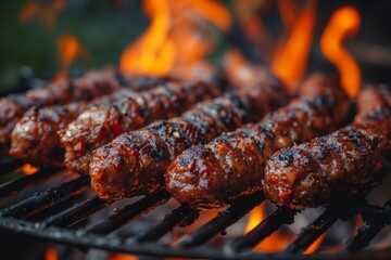 Deliciously juicy kebabs grilling to perfection over fiery charcoal flames on an outdoor barbecue