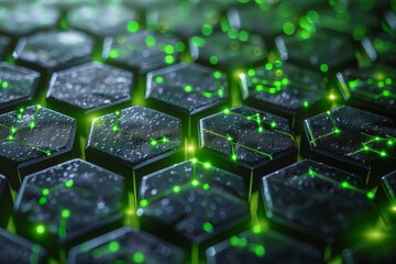 This image showcases a close-up of a seamless hexagonal pattern with glowing green edges, symbolizing cutting-edge technology