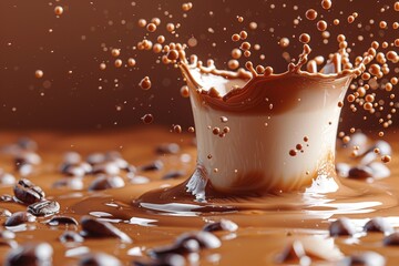 Dynamic chocolate splash with scattered coffee beans against a rich brown background, illustrating...