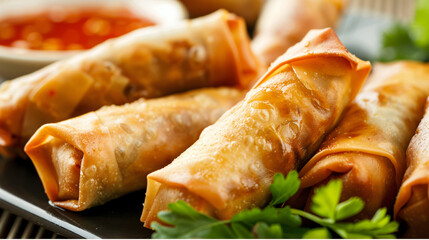 Tasty Asian chicken spring rolls on plate with sauce.