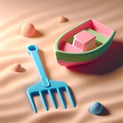 Sandy Beach with Colorful Toy Boat and Rake