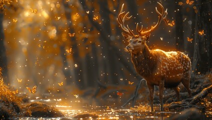 A terrestrial animal with antlers, a deer, stands gracefully in the midst of a natural landscape...