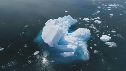 Close-up Iceberg Floating In Antarctica Ocean. Aerial Flight Over South Pole. Drone Overview Of...