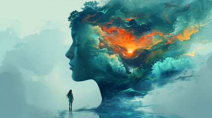 An Illustration Showing the Concept of Exploring the Mind, Self-discovery, Introspection, Soul Searching Within, and Psychology, generative Ai