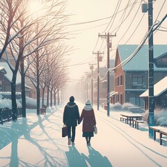 Winter’s Embrace: A Serene Walk Amidst Snowy Streets, Illuminated by the Gentle Glow of Streetlights, Capturing the Essence of Warmth in Cold. Couple in love, boy and girl.