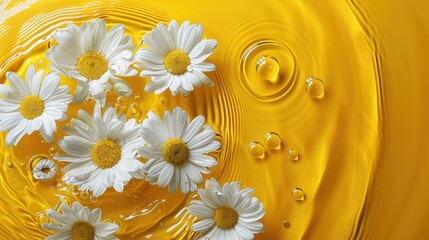 Beautiful chamomile flowers on yellow waved color background