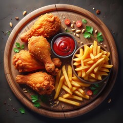 Delicious Crispy Fried Chicken with Golden French Fries, Fresh Herbs, and Tasty Ketchup on a Beautiful Wooden Platter, Perfect Meal for Food Enthusiasts
