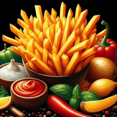 Golden Crispy Fries with Fresh Vegetables and Savory Dips Illustration: A Visual Feast of Taste and Aroma