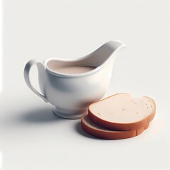 Elegant White Gravy Boat Filled with Delicious Sauce Beside Freshly Sliced Bread on a Pristine White Background, Perfect for Culinary Presentations