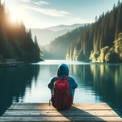 Serene Morning Reflections: A Lone Traveler Embraces Nature’s Beauty Amidst Tranquil Waters and Misty Forests Illuminated by the First Light of Dawn