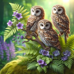 Enchanting Trio of Owls Perched Amidst Lush Greenery, Blooming Purple Flowers, Radiating a Mystical Aura in a Serene Forest Setting, Capturing Nature’s Beauty