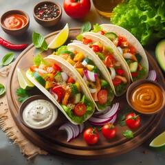 Delicious Fresh Tacos with Vibrant Vegetables, Succulent Chicken, Zesty Lime, and Flavorful Sauces on a Rustic Wooden Platter, Perfect for Food Blogs and Menus