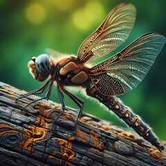 Majestic Dragonfly Rests on Intricate Wooden Texture Amidst Lush Greenery, Showcasing Its Delicate, Veined Wings and Vibrant Body