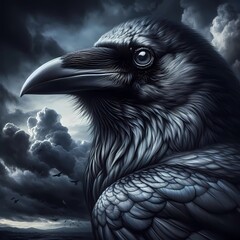 Majestic Raven Amidst Stormy Skies, Detailed Feathers, Intense Gaze, Clouds Gathering, Birds in Flight Background, Nature’s Dramatic Display of Power