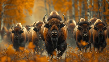 A majestic herd of bison galloping through a wooded field, capturing the essence of natural beauty...