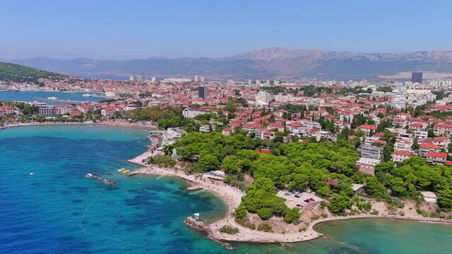Split, Croatia: Aerial view of famous Mediterranean city by Adriatic Sea, summer day with clear blue sky - landscape panorama of Europe from above
