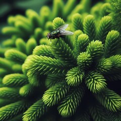 Vibrant Greenery and Fly: A Close-Up Encounter of Nature’s Intricate Beauty and Detail