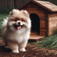 Adorable Dog Near Wooden House Amidst Lush Greenery, Capturing Essence of Outdoor Comfort