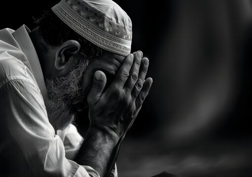 Serene Black and White Closeup of Farmer's Prayer with Hat