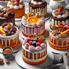 Exquisite Array of Gourmet Cakes Adorned with Fresh Berries, Whipped Cream, and Artistic Chocolate Drizzles, Perfect for Celebrations