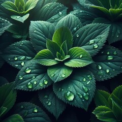 Lush Green Leaves with Dew Drops, Nature’s Beauty Captured in High Definition, Perfect for Wall Art, Backgrounds, and Nature-Inspired Designs