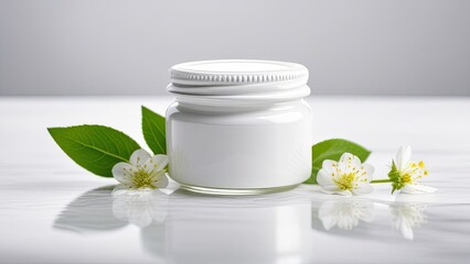 Fototapeta na wymiar white jar for cream next to a white flower on a white background