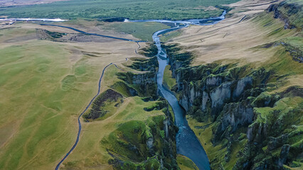 Impressive landscape view Takgil mountains, canyon and river, Iceland. Quality drone photo. Tourism.