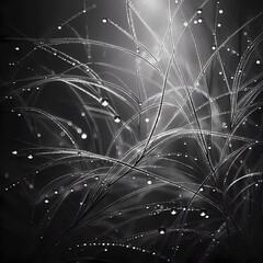 Ethereal Dewdrop Dance on Silken Threads of Morning Light, a Monochrome Symphony of Nature’s Elegance Unfolding in Silent Harmony
