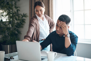 Budget, laptop and couple in house, stress and online with internet, technology and tax with loan. Mortgage, woman and man, planning and home office, brainstorming and payment of bills with economy