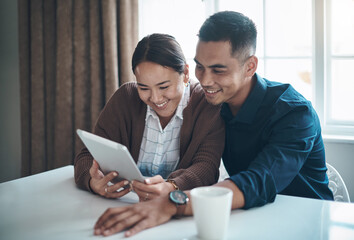 Budget, tablet and couple in house, savings and online with internet, technology and tax with loan....