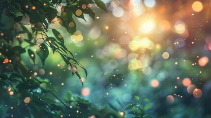 Beautiful bokeh blurred background with lights and tree branches with green leaves with place for...