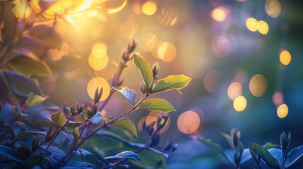 Beautiful bokeh blurred background with lights and tree branches with green leaves with place for text. Ecology, healthy environment, nature, decoration, beauty product concept design backdrop - 787122913