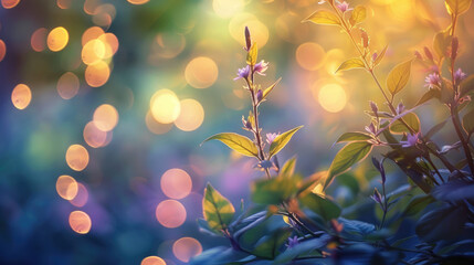 Beautiful bokeh blurred background with lights and tree branches with green leaves with place for text. Ecology, healthy environment, nature, decoration, beauty product concept design backdrop - 787122932